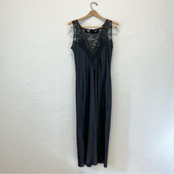 Vintage Slip Dress Black Satin Mesh Embroidered Goth Gothic Whimsigoth Small S - Picture 12 of 14
